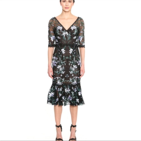 Marchesa Dresses & Skirts - Marchesa Notte Black Floral Lace Embroidered Midi Dress 8